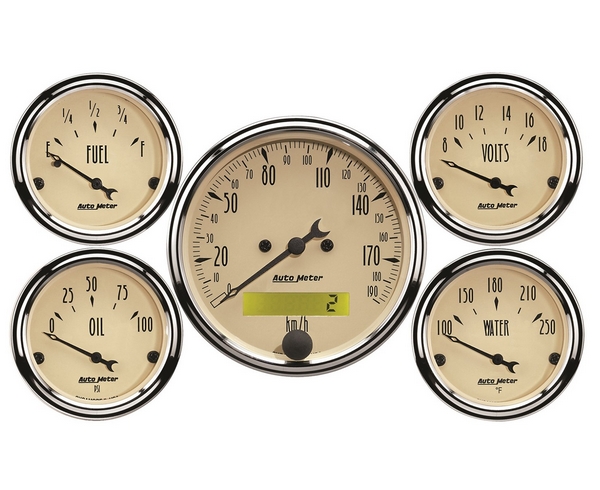 5 PC. GAUGE KIT, 3-1/8" & 2-1/16", ELEC. KM/H SPEEDOMETER, ANTIQUE BEIGE